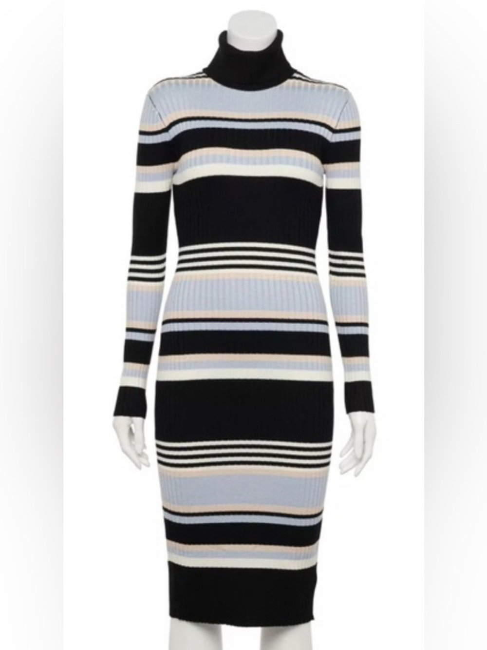Eclipse Striped Rib-Knit Turtleneck Dress - Black, Light Blue & Cream